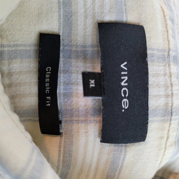 Vince Shirt Mens XL Yellow Gray Button Up Short Sleeve Plaid Linen Classic Fit - Picture 6 of 8